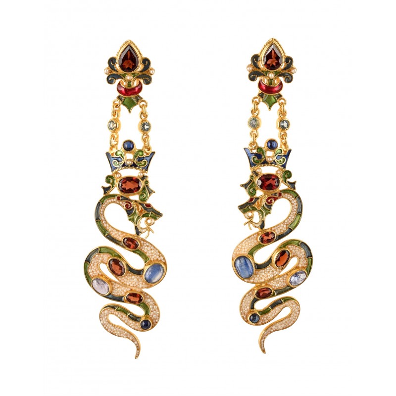 Snake earrings, handmade in Italy by Percossi Papi with natural stones