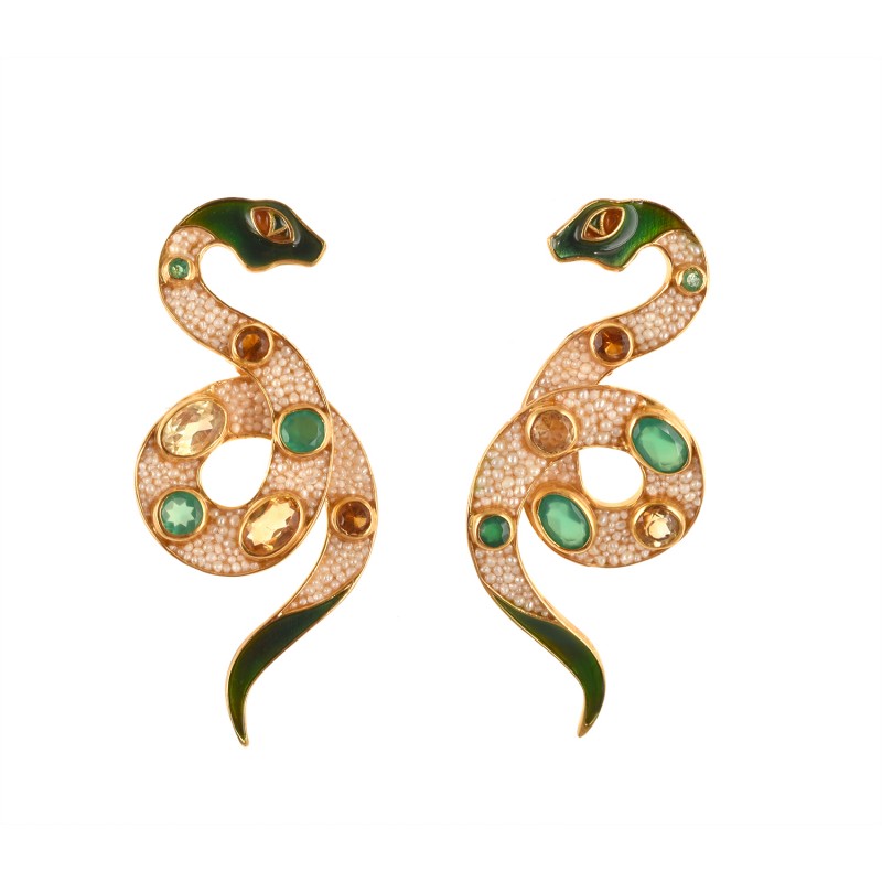 Snake earrings, handmade in Italy by Percossi Papi with natural stone