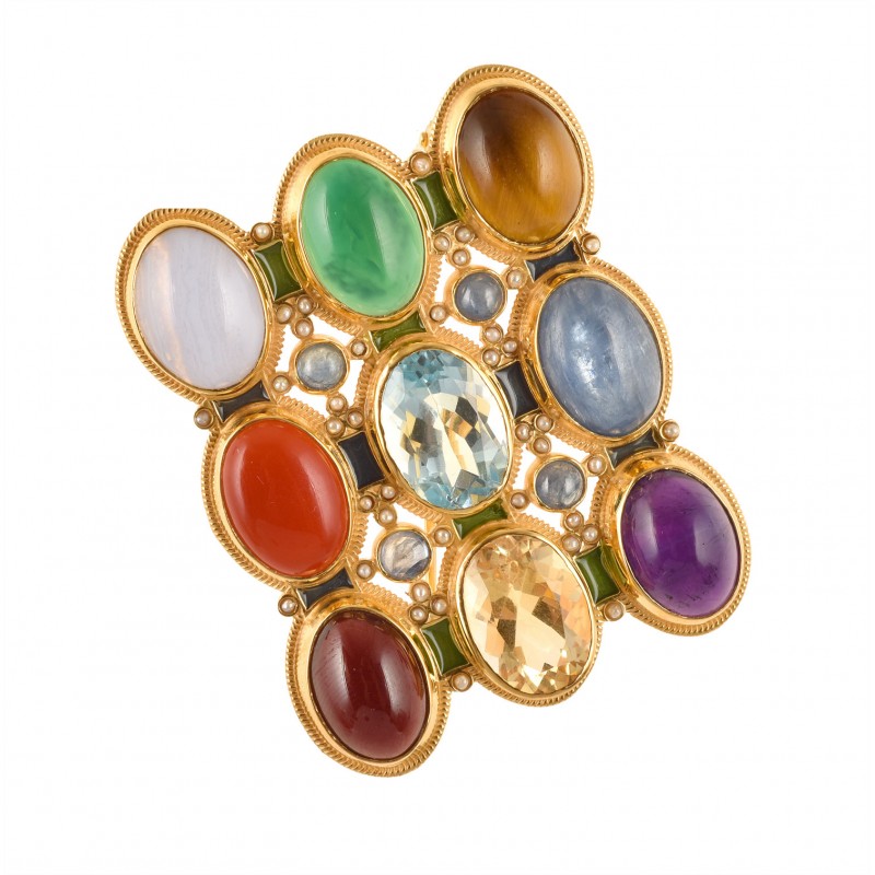 Byzantine iconic brooch handmade in Italy by Percossi Papi with natural stones